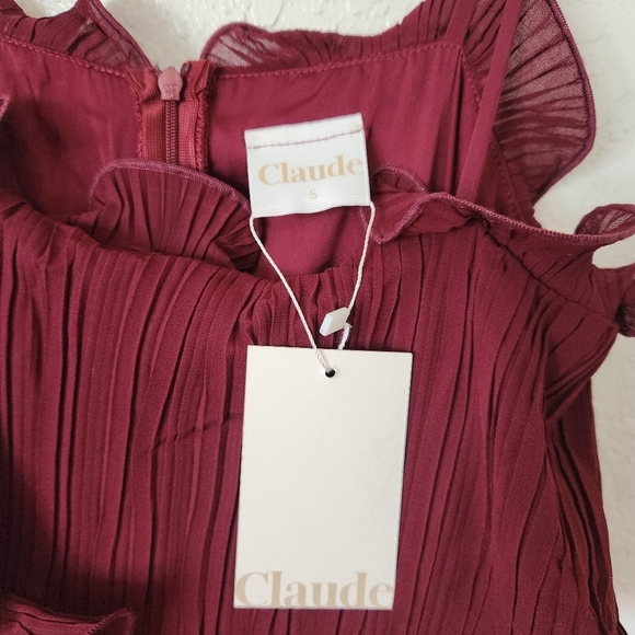 CLAUDE Ruffle Maxi Dress Small Burgundy Pleated Spaghetti Strap New with Tags - Picture 12 of 14